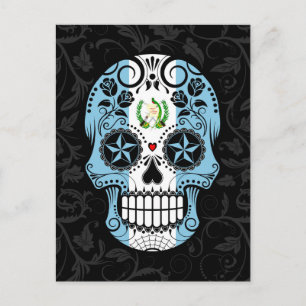 Guatemalan Flag Sugar Skull with Roses Postcard