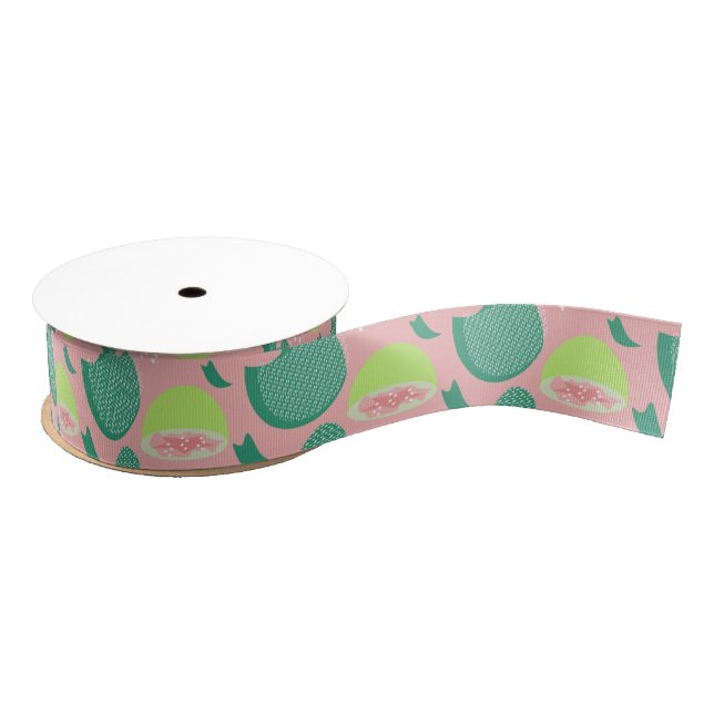 Guava Greenery Pink Green Fruit Pattern Grosgrain Ribbon (Spool)