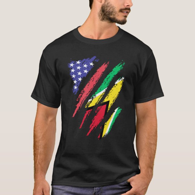 Guayanese American Patriot Grown Heart Flag Stripe T-Shirt (Front)