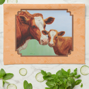 Guernsey Calf and Mother Cow Peach Tea Towel