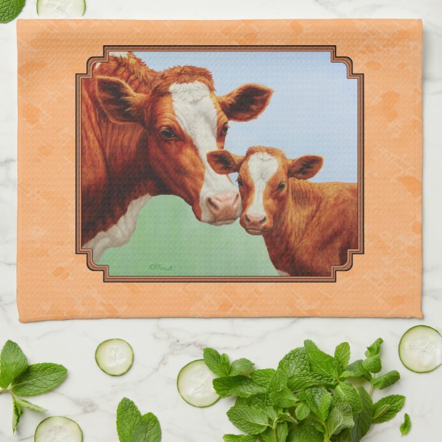 Guernsey Calf and Mother Cow Peach Tea Towel (Folded)