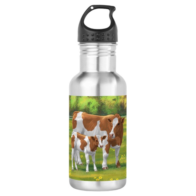 Guernsey Cow & Cute Calf in Summer Pasture 532 Ml Water Bottle (Front)