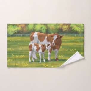 Guernsey Cow & Cute Calf in Summer Pasture Bath Towel Set