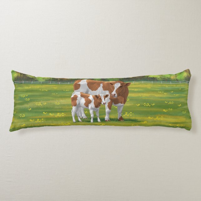 Guernsey Cow & Cute Calf in Summer Pasture Body Cushion (Front)