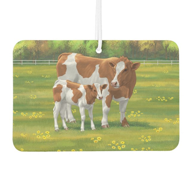 Guernsey Cow & Cute Calf in Summer Pasture Car Air Freshener (Front)