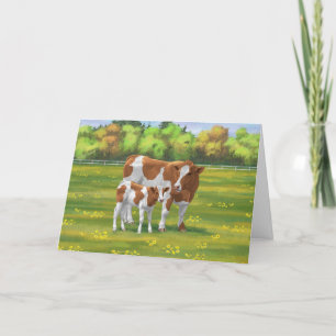 Guernsey Cow & Cute Calf in Summer Pasture Card