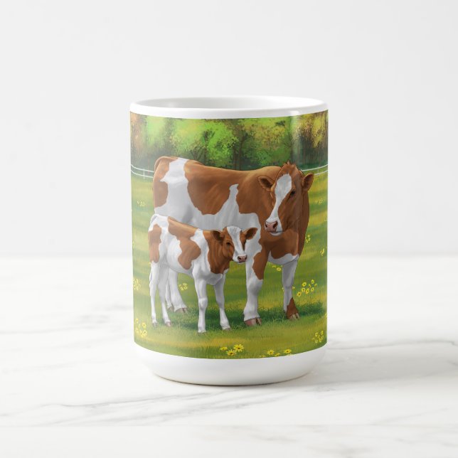 Guernsey Cow & Cute Calf in Summer Pasture Coffee Mug (Center)