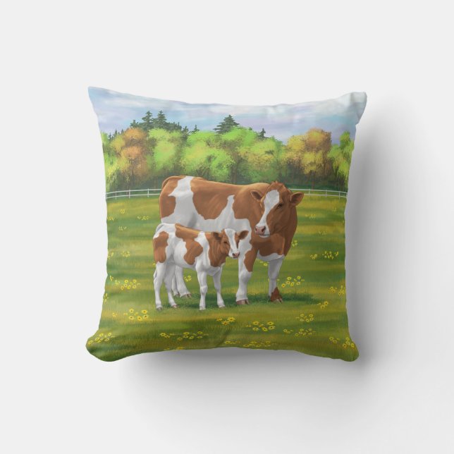 Guernsey Cow & Cute Calf in Summer Pasture Cushion (Front)