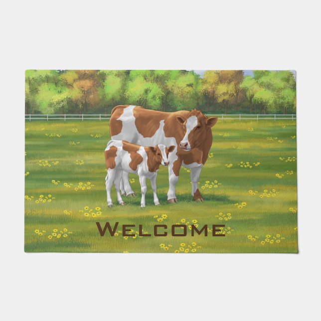 Guernsey Cow & Cute Calf in Summer Pasture Doormat (Front)