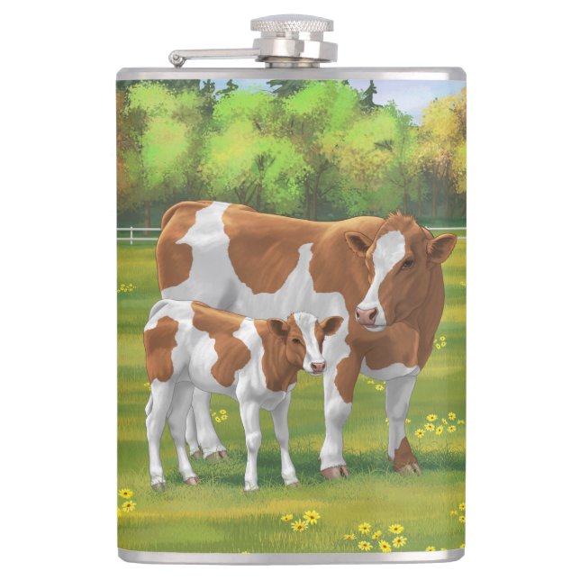 Guernsey Cow & Cute Calf in Summer Pasture Hip Flask (Front)