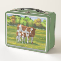 Guernsey Cow & Cute Calf in Summer Pasture