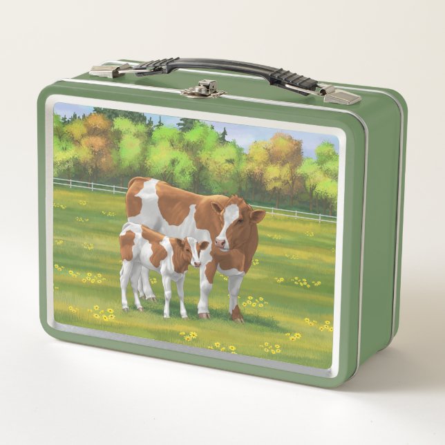 Guernsey Cow & Cute Calf in Summer Pasture Metal Lunch Box (Front)