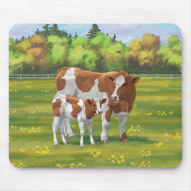 Guernsey Cow & Cute Calf in Summer Pasture Mouse Mat (Front)