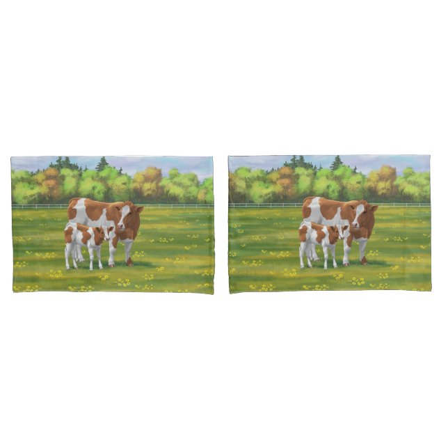 Guernsey Cow & Cute Calf in Summer Pasture Pillowcase (Front-Set)