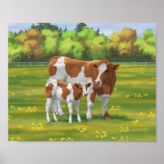 Guernsey Cow & Cute Calf in Summer Pasture Poster (Front)