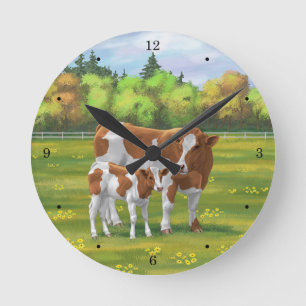 Guernsey Cow & Cute Calf in Summer Pasture Round Clock
