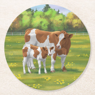 Guernsey Cow & Cute Calf in Summer Pasture Round Paper Coaster