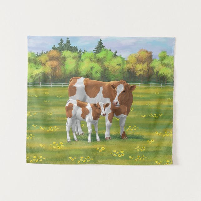 Guernsey Cow & Cute Calf in Summer Pasture Tapestry (Front (Horizontal))