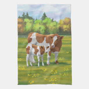 Guernsey Cow & Cute Calf in Summer Pasture Tea Towel