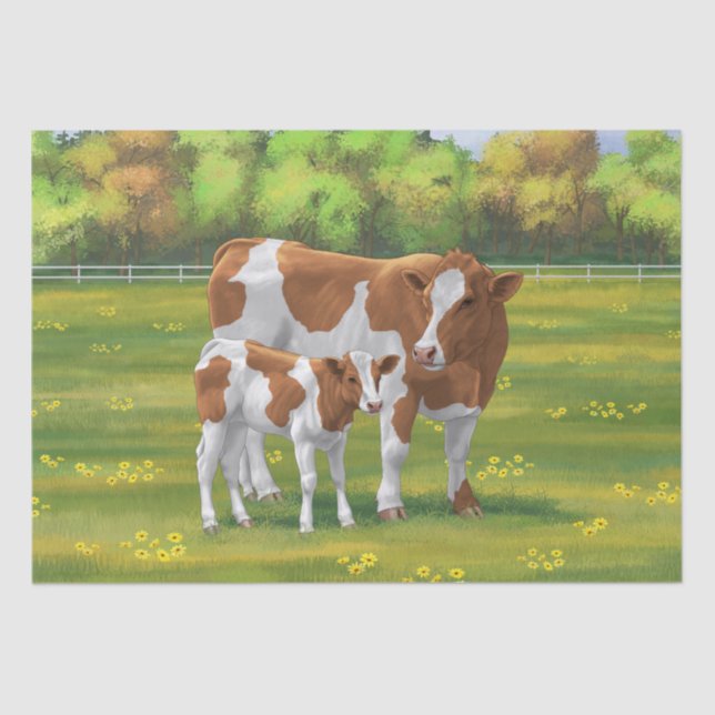 Guernsey Cow & Cute Calf in Summer Pasture Tissue Paper (Front)