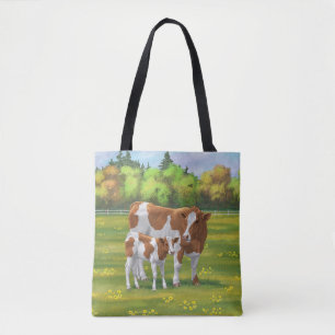 Guernsey Cow & Cute Calf in Summer Pasture Tote Bag