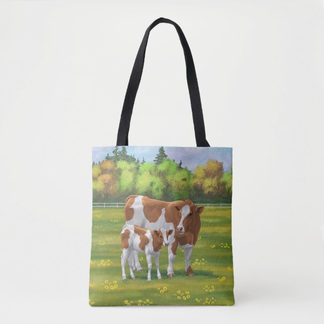 Guernsey Cow & Cute Calf in Summer Pasture Tote Bag (Front)