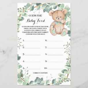 Guess Baby Food Bear Greenery Shower Game Card