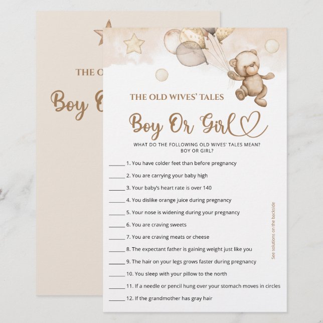 Guess Boy Or Girl Tales Baby Bear Baby Shower (Front/Back)