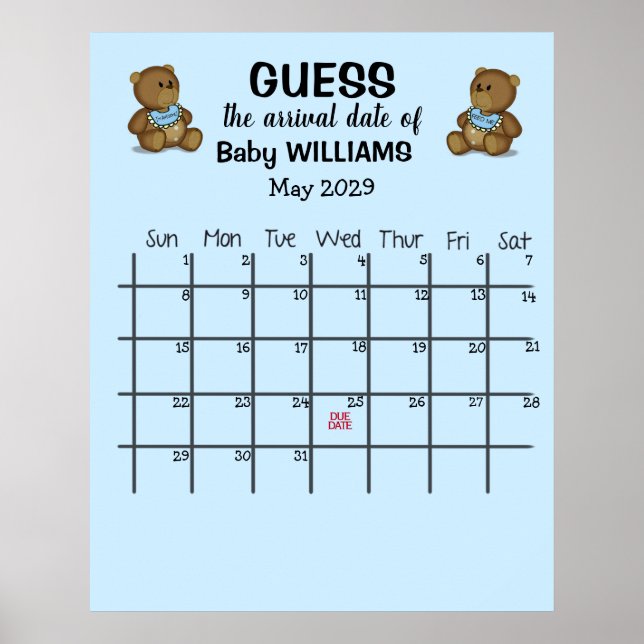Guess Due Date Calendar with Bears Poster (Front)