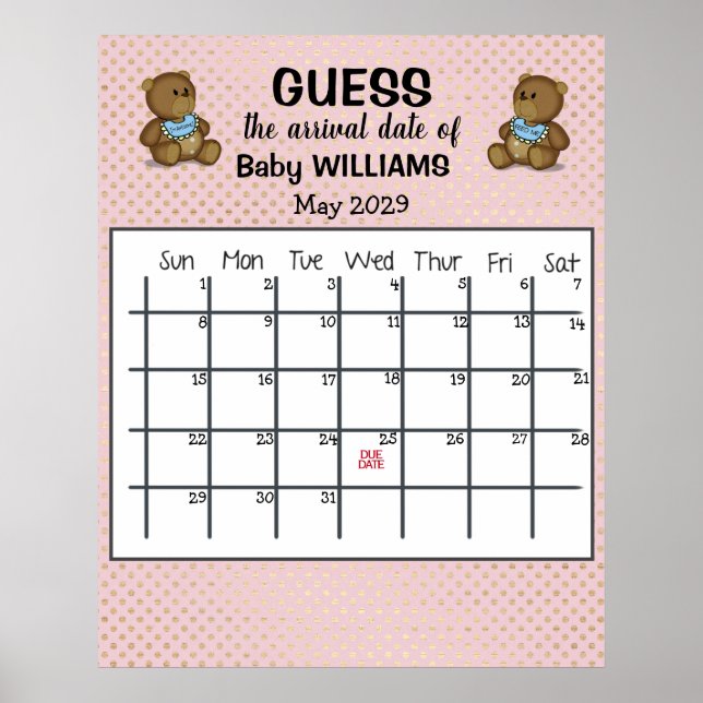 Guess Due Date Calendar with Bears Poster (Front)
