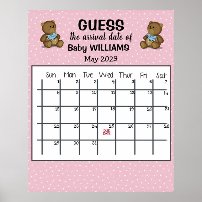 Guess Due Date Calendar with Bears Poster (Front)