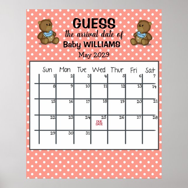 Guess Due Date Calendar with Bears Poster (Front)