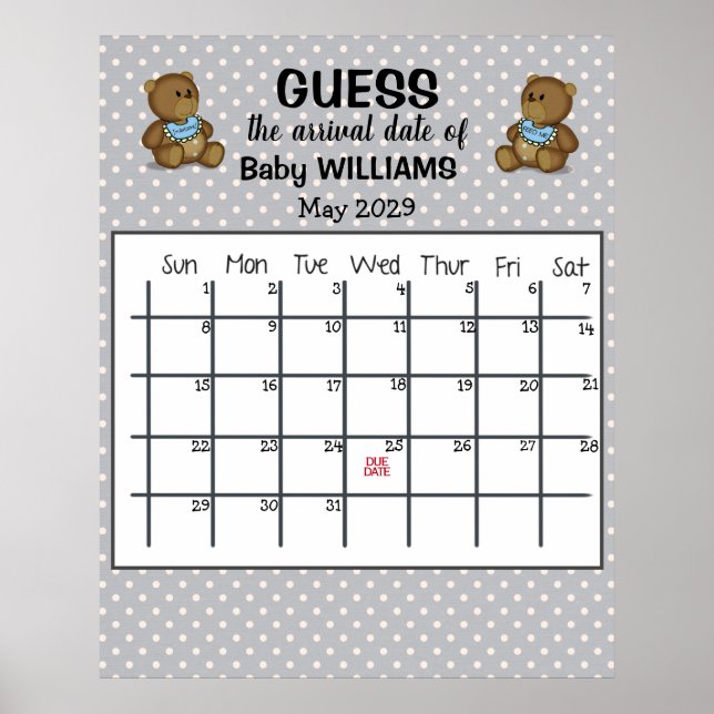 Guess Due Date Calendar with Bears Poster (Front)