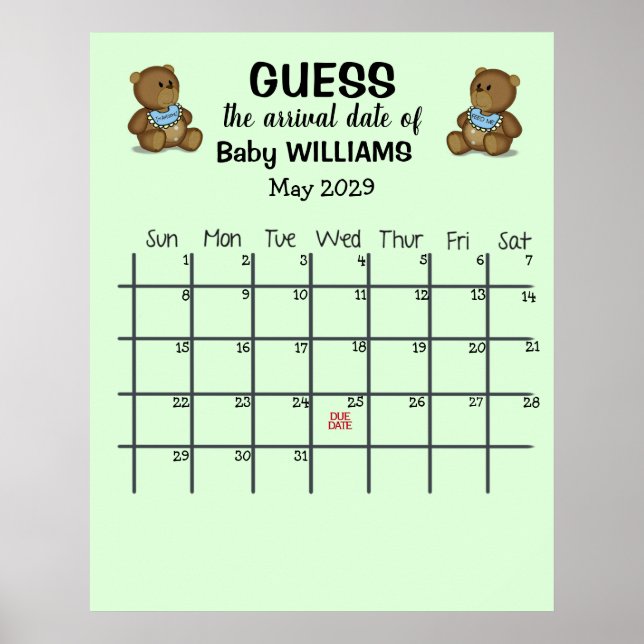 Guess Due Date Calendar with Bears Poster (Front)