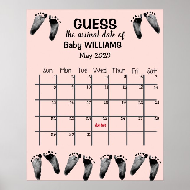Guess Due Date Calendar with Footprints Poster (Front)