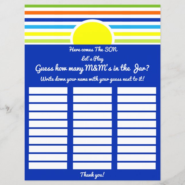 Guess How Many Baby Shower Game Here Comes Son  (Front)