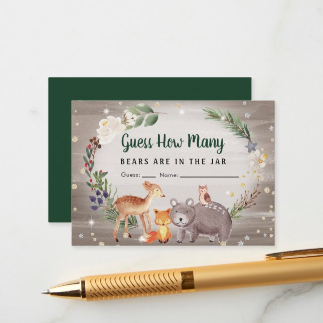 Guess How Many Bears Woodland Baby Shower Game Enclosure Card (Front/Back In Situ)