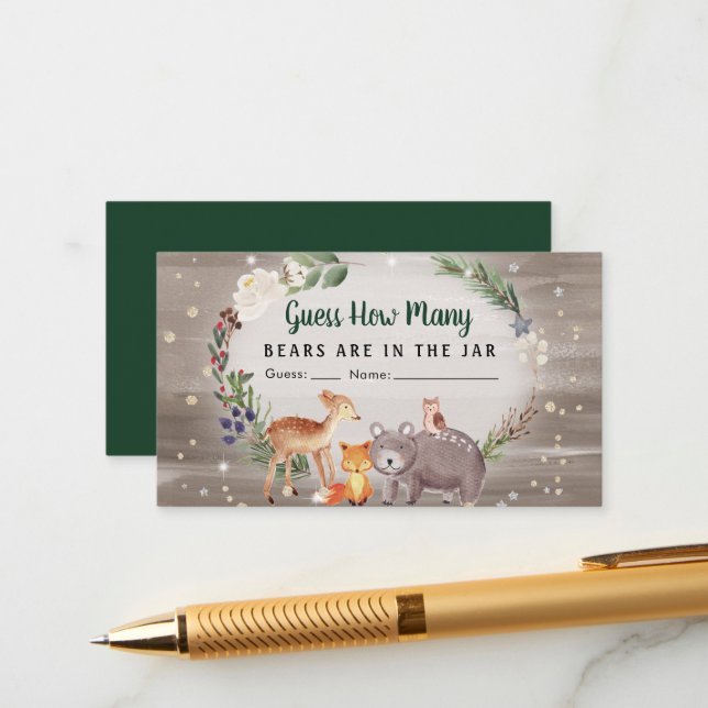 Guess How Many Bears Woodland Baby Shower Game Enclosure Card (Front/Back In Situ)