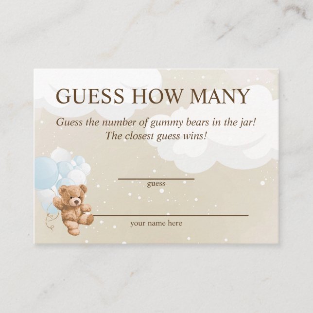 Guess How Many Blue Teddy Bear Baby Shower Cards (Front)