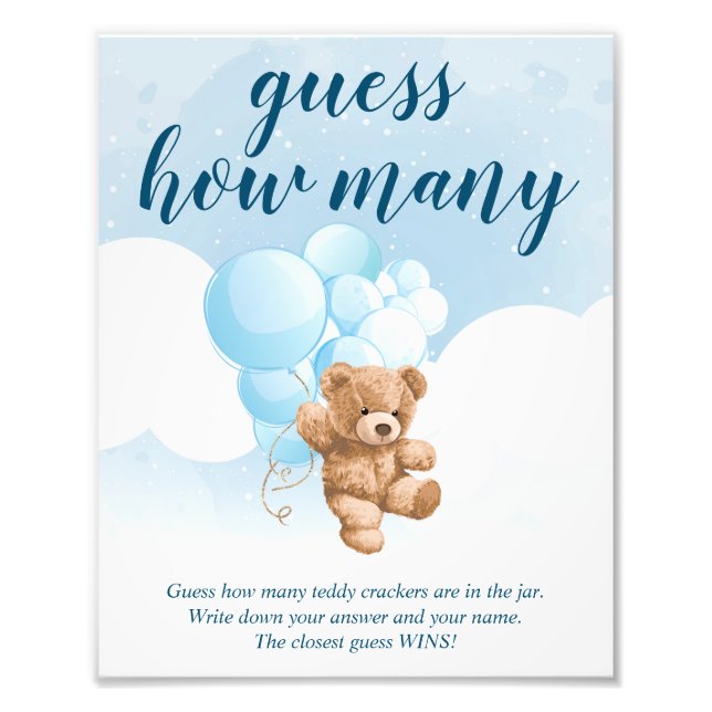 Guess How Many Blue Teddy Bear Baby Shower Sign (Front)