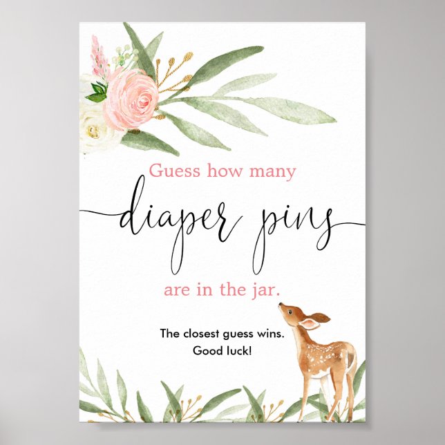 Guess how many diaper pins game pink gold deer poster (Front)