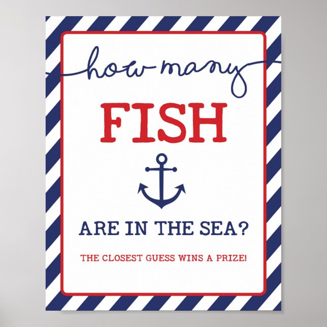 Guess How Many Fish Nautical Baby Shower Game Sign (Front)