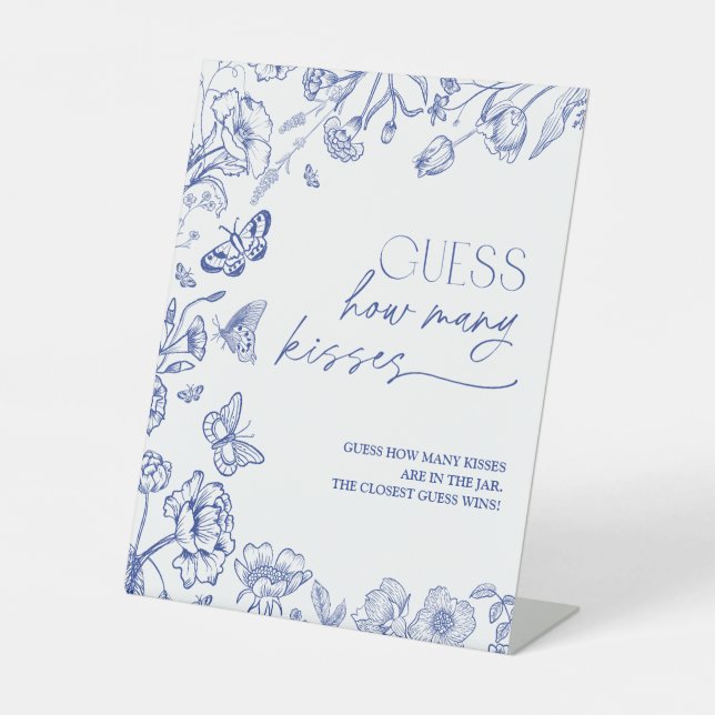 Guess How Many Kisses Blue Bridal Shower Game Pedestal Sign (Front)