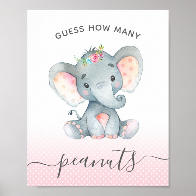 Guess How Many Peanuts Elephant Girl Baby Shower Poster (Front)