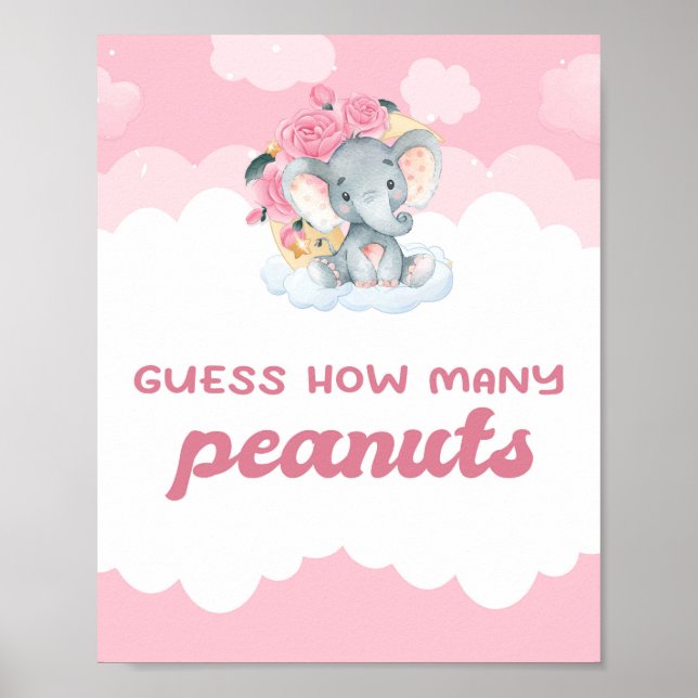Guess How Many Peanuts Pink Elephant Baby Shower Poster (Front)