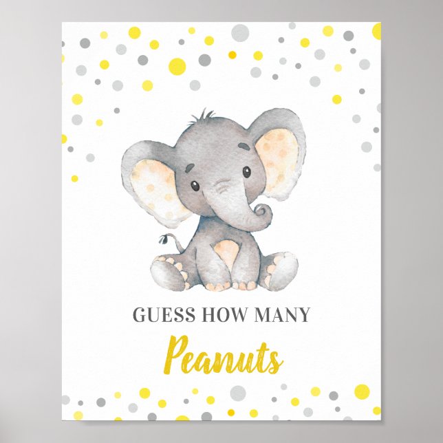 Guess How Many Peanuts Yellow Elephant Baby Shower Poster (Front)