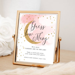 Guess How Many Pink Over the Moon Baby Shower Game Poster