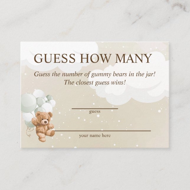 Guess How Many Sage Teddy Bear Baby Shower Cards (Front)