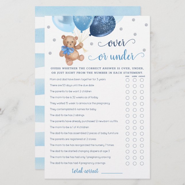 Guess Over or Under Game Baby Shower Teddy Bear  (Front/Back)