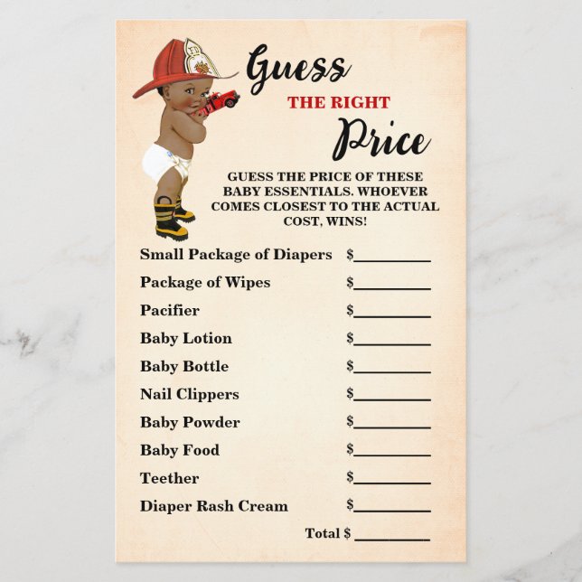 Guess Right Price AA Firefighter Baby Shower Game Flyer (Front)